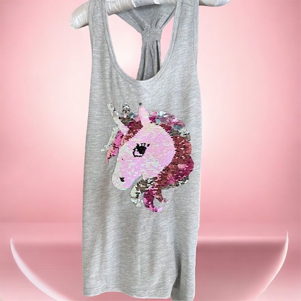 H& M L Little Girl’s Tank Top L Sequin Unicorn L Sm/Ch L Euc